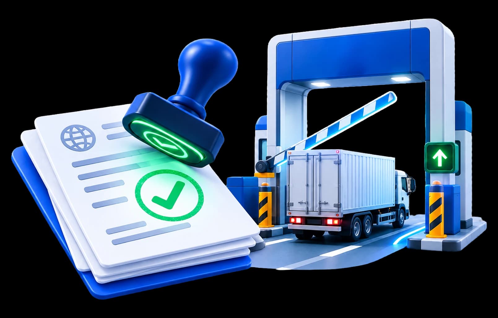 Approved customs document and a truck clearing a border gate