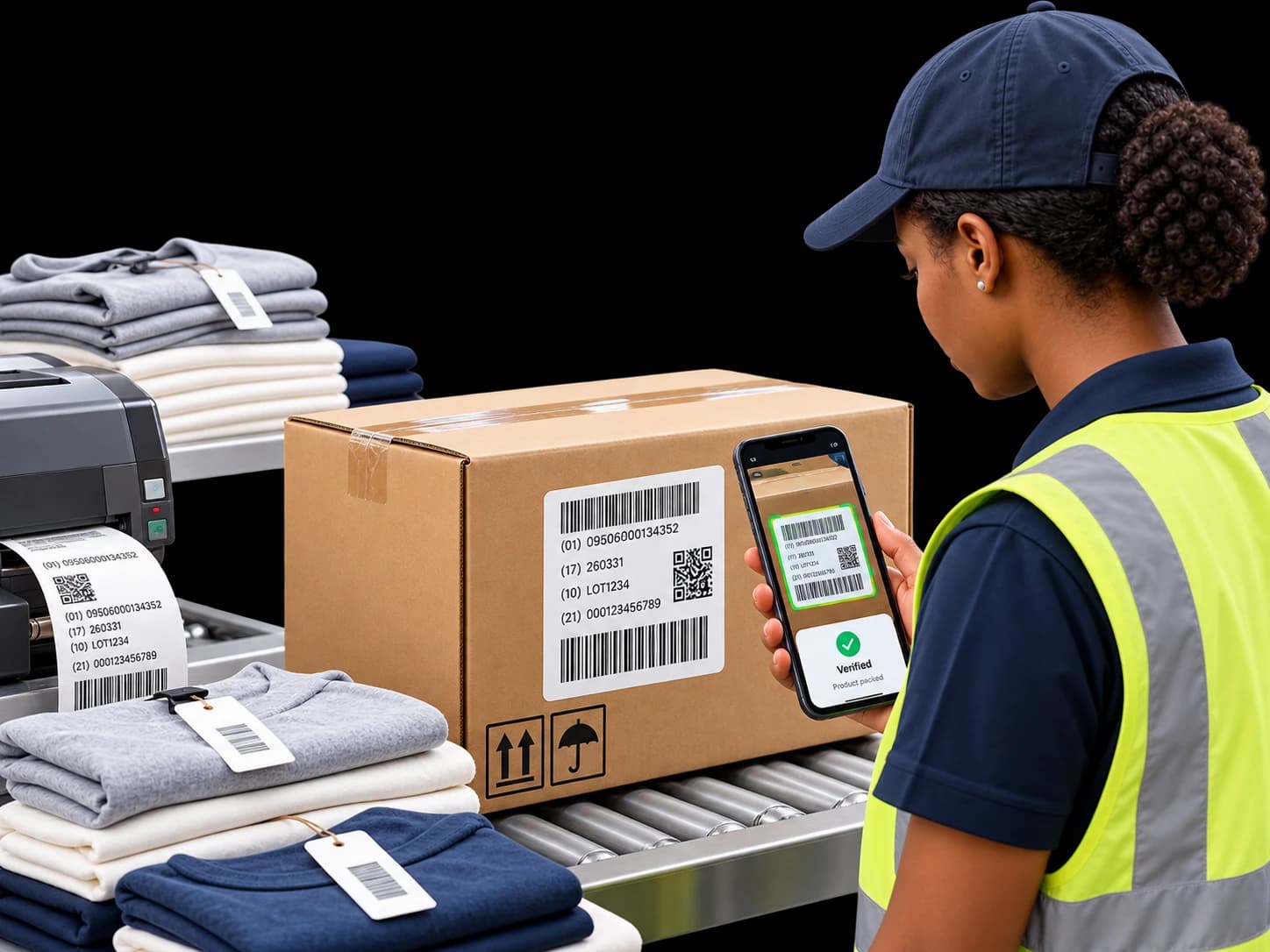 Poste d'emballage d'une usine textile, un opérateur scannant l'étiquette d'un carton