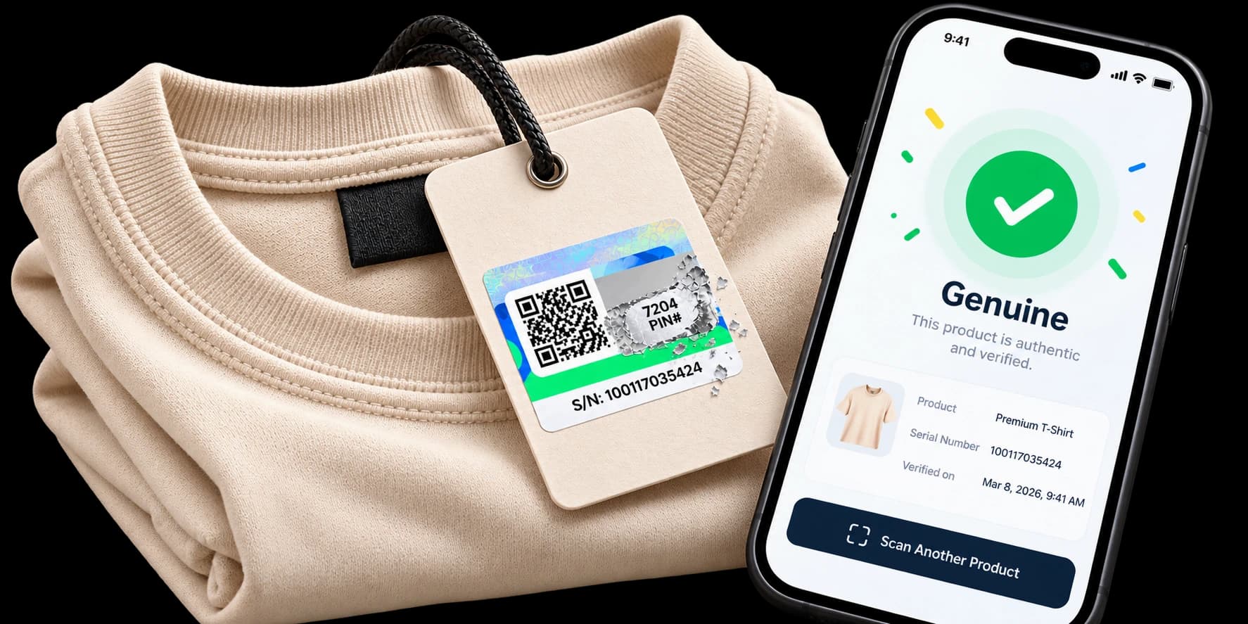 Étiquette volante avec un autocollant Chekkit MAS gratté et un téléphone affichant une confirmation d'authenticité