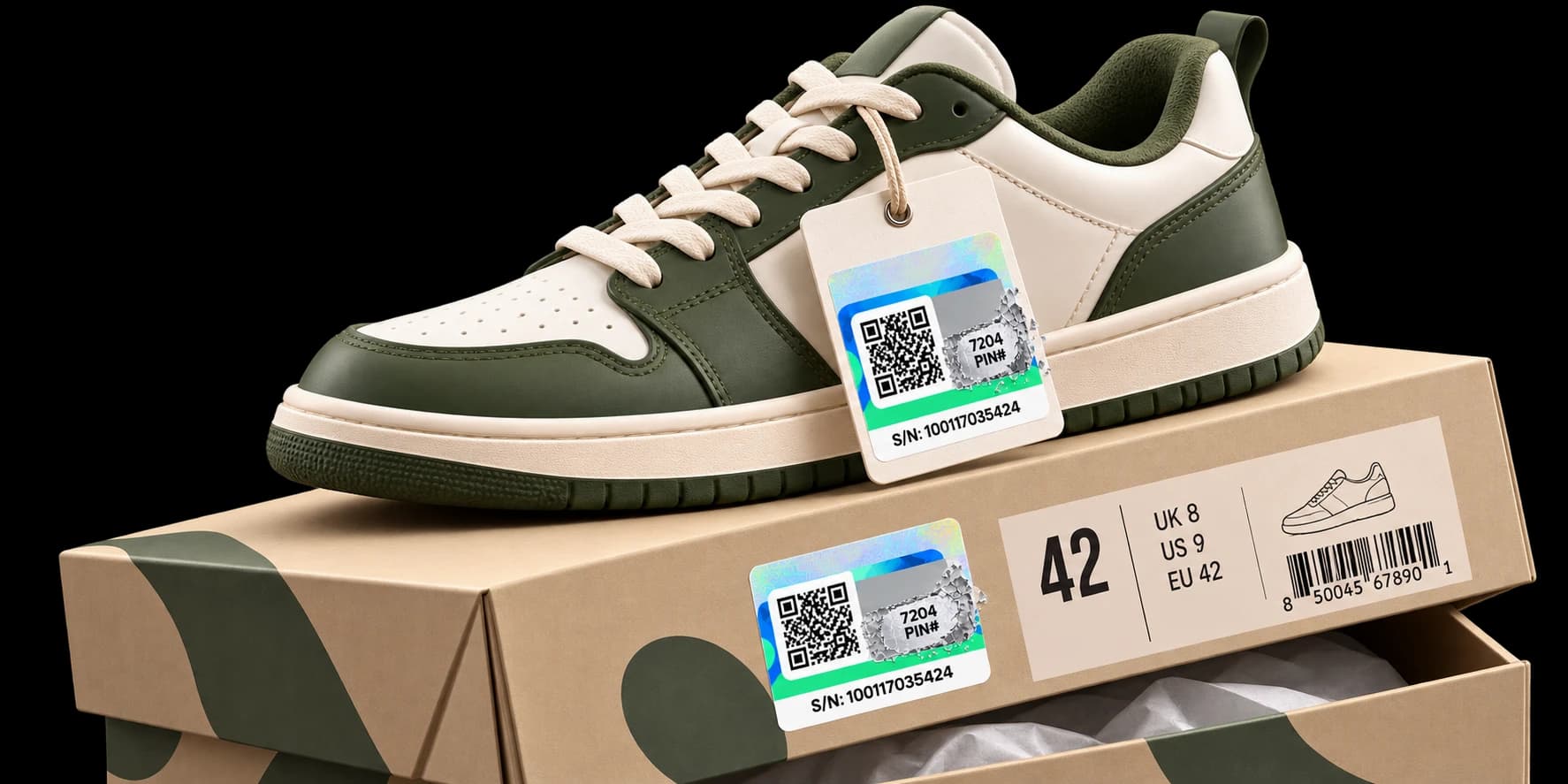Sneaker et boîte à chaussures avec une étiquette à gratter Chekkit MAS, et une étiquette volante portant le même autocollant