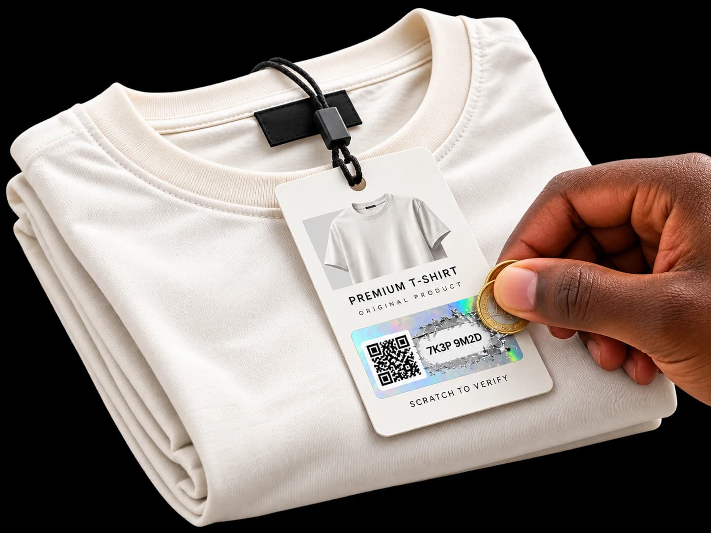T-shirt plié avec une étiquette volante portant un autocollant à gratter Chekkit MAS