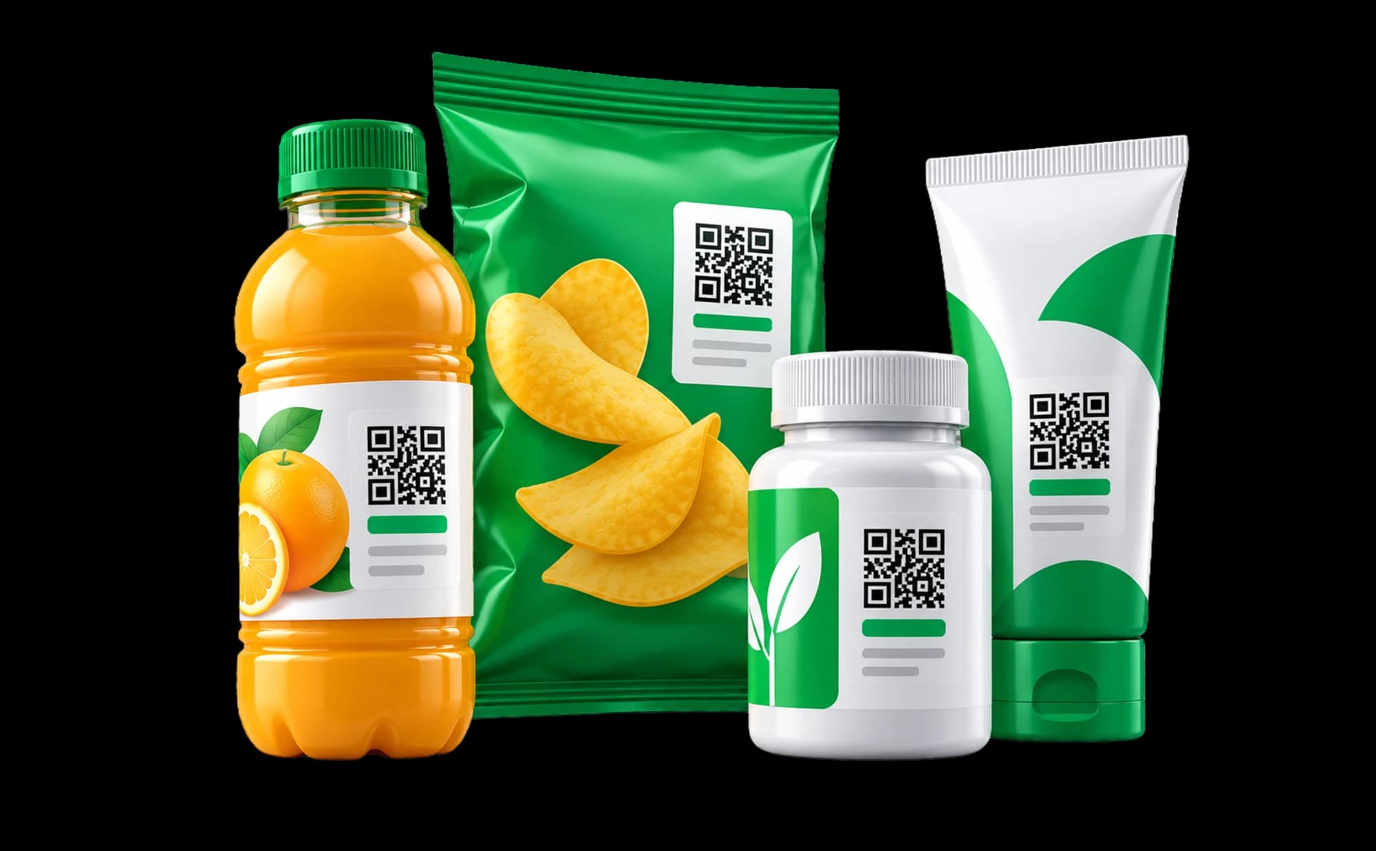 Juice, snacks, supplements and cosmetics packs each carrying a unique QR code