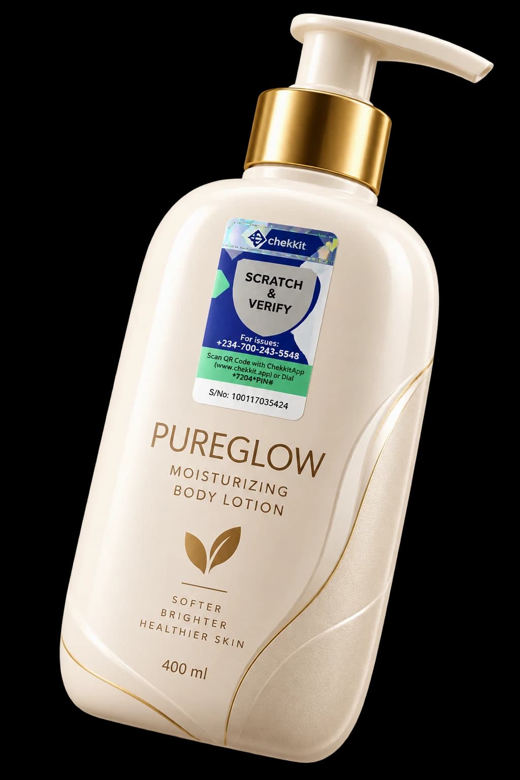 Body lotion bottle with a Chekkit MAS scratch-and-verify sticker