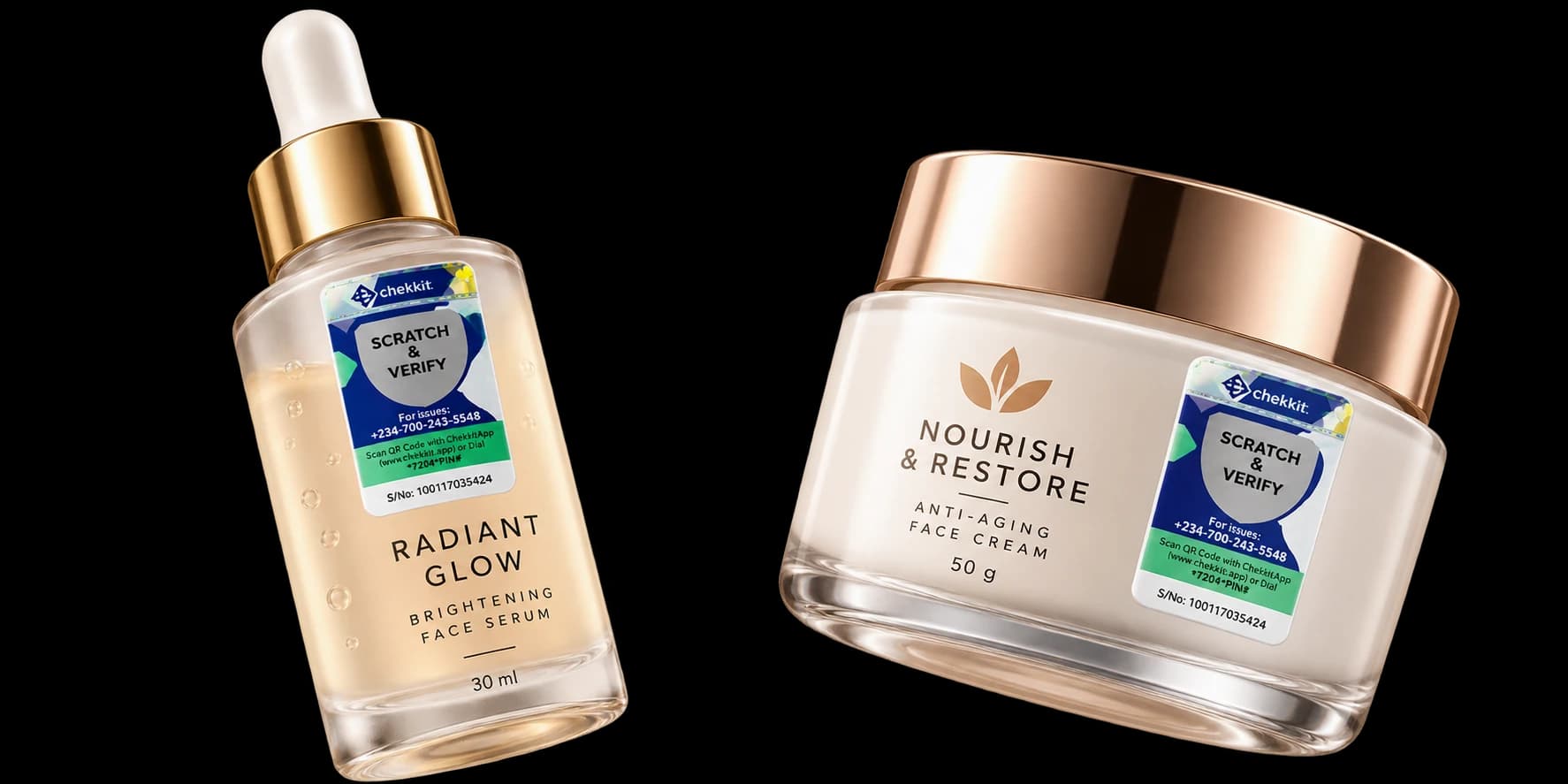 Face serum and face cream, each carrying a Chekkit MAS scratch-and-verify sticker