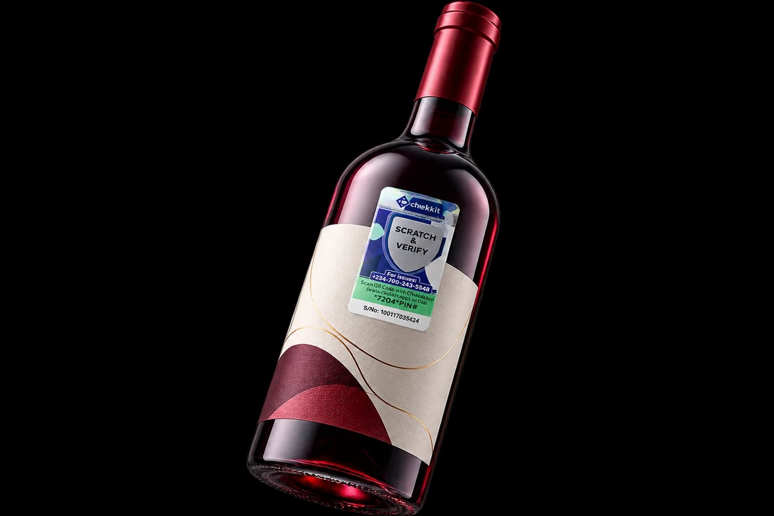 Botella de vino con una etiqueta rascable Chekkit MAS en la etiqueta