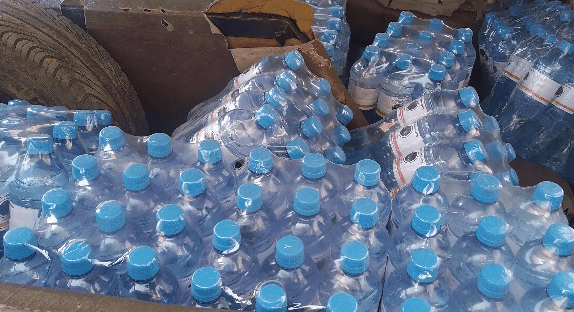 Pallets of bottled water distributed at the protests