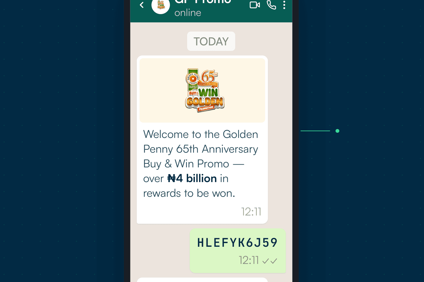 Golden Penny 65th Buy & Win conversation on WhatsApp